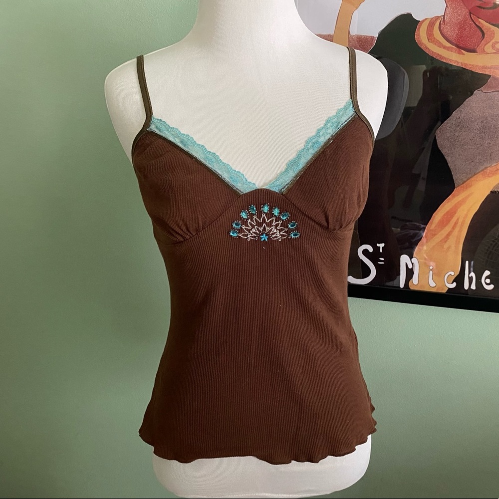 2000s Bongo Brown Ribbed Tank Turquoise Lace Trim and Beads Size Medium
